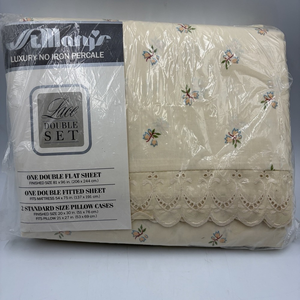 Vtg St Marys Luxury Percale Courtship Lace Double Set Sheet 4 Pc Floral Design